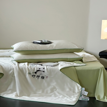 卡巴伦2025新款A类天竹刺绣蚕蛹蛋白纤维夏被四件套 熊猫-白冰绿