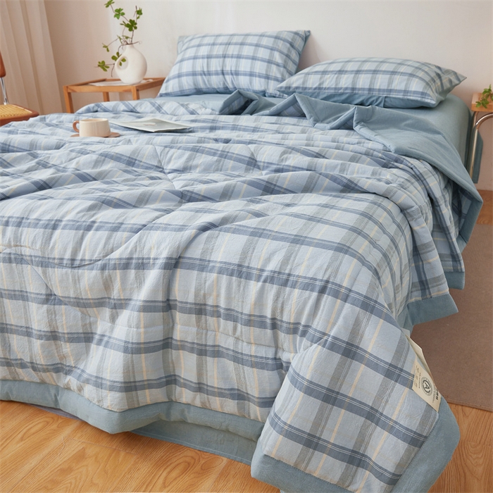 91家纺网 家纺一手货源 找家纺 2025新款A类里外全棉夏凉被100%新疆棉纯棉全棉填充无印格子款空调被原棉夏被 里外全棉-森蓝格