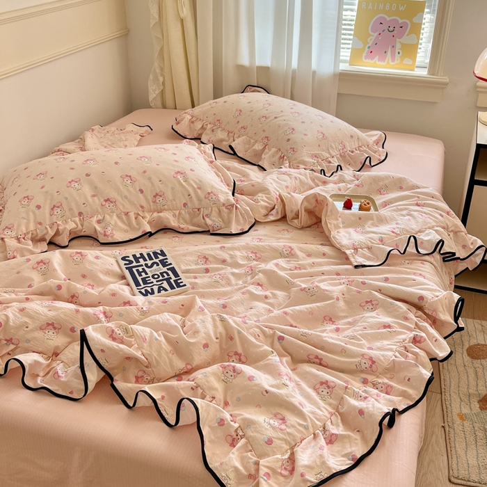 91家纺网 家纺一手货源 找家纺 欧尚 2025新款细黑边夏被床单床盖三件套 粉蒂