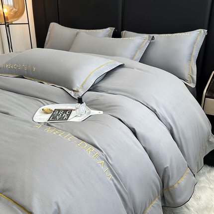 宇彬家纺 2025新款直播热款13374全棉母婴级压线一字绣宽边枕套被套纯色滚边麻绳四件套贡缎新疆长绒缎新疆长绒 梦系列-绅士灰