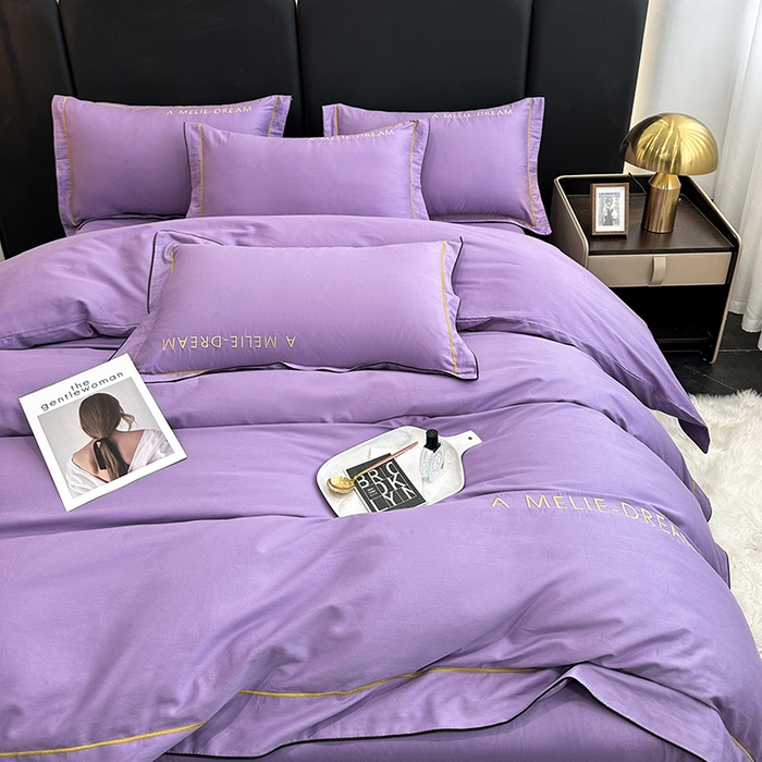 91家纺网 家纺一手货源 找家纺 宇彬家纺 2025新款直播热款13374全棉母婴级压线一字绣宽边枕套被套纯色滚边麻绳四件套贡缎新疆长绒 梦系列-曲雅紫