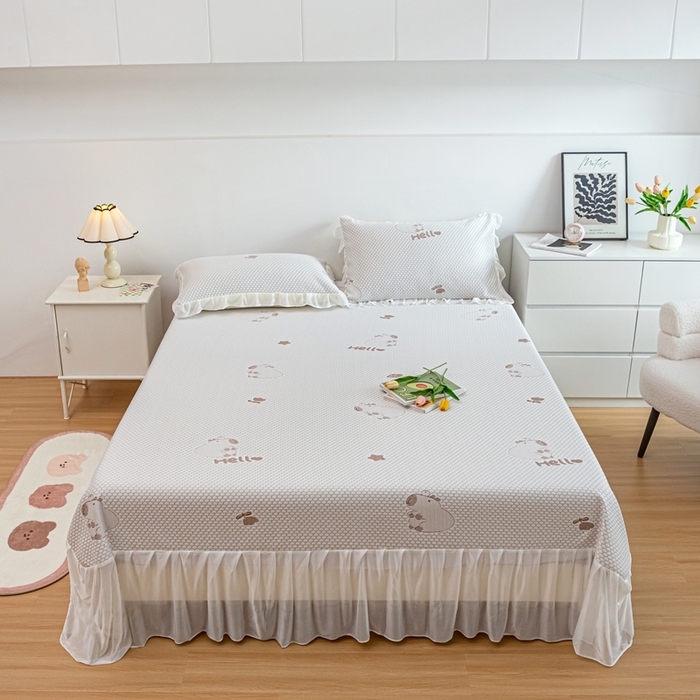 91家纺网 家纺一手货源 找家纺 春寻家纺 2025新款凉豆豆冰丝凉席席子-床裙款 卡皮巴拉-咖