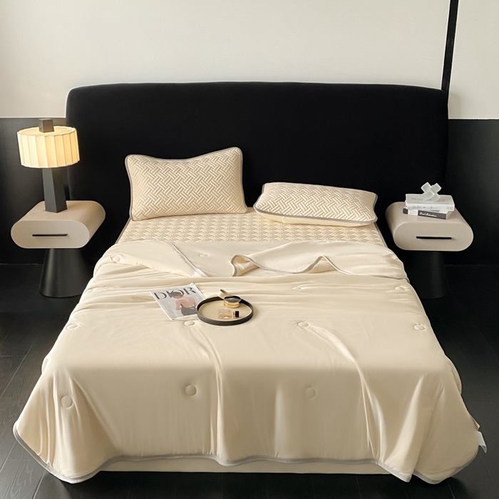 91家纺网 家纺一手货源 找家纺 欧邦 2025新款加厚纯色凉席四件套--凉席三件套 饼干花-米杏