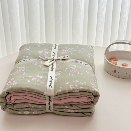 91家纺网 家纺一手货源 找家纺 塞纳 2026新款.全棉有氧双层纱四件套-场景二-汀花里-浅绿