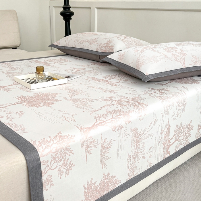 91家纺网 家纺一手货源 找家纺 子曰 2025新款高定版A类PE聚乙烯凉感凉席提花凉席床笠 秘境-粉【平铺款】