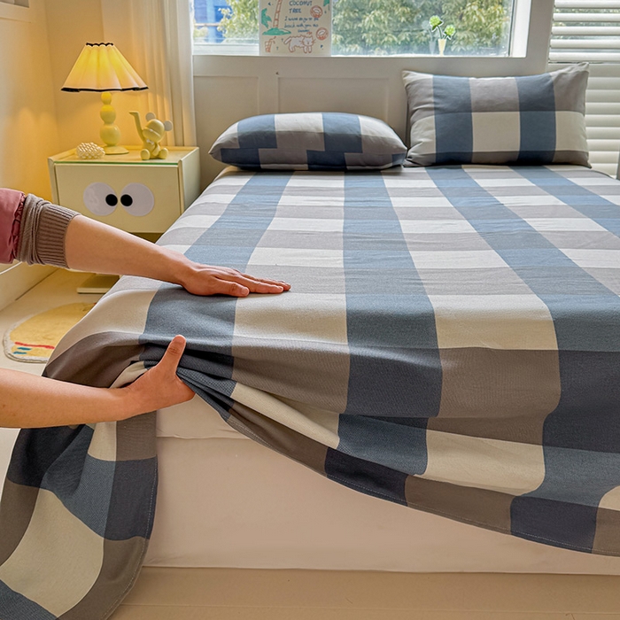 91家纺网 家纺一手货源 找家纺 晓时候 2025原棉老粗布床单凉席三件套软凉席子单床单 蓝咖格