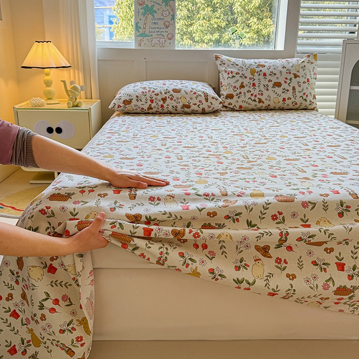 91家纺网 家纺一手货源 找家纺 晓时候 2025原棉老粗布床单凉席三件套软凉席子单床单 花丛兔