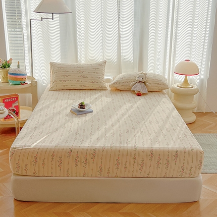 眠帛家居 2025新款A类水洗皱皱纱印花床笠 花蔓