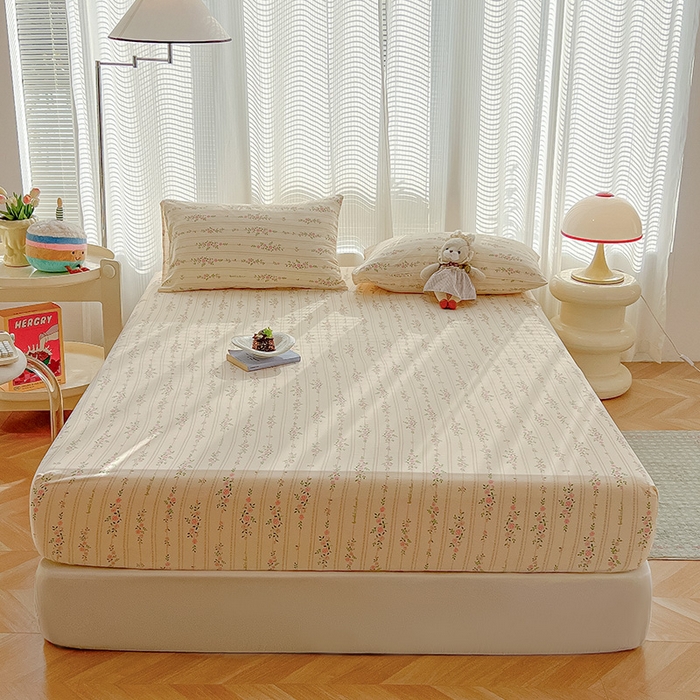 91家纺网 家纺一手货源 找家纺 眠帛家居 2025新款A类水洗皱皱纱印花床笠 花蔓