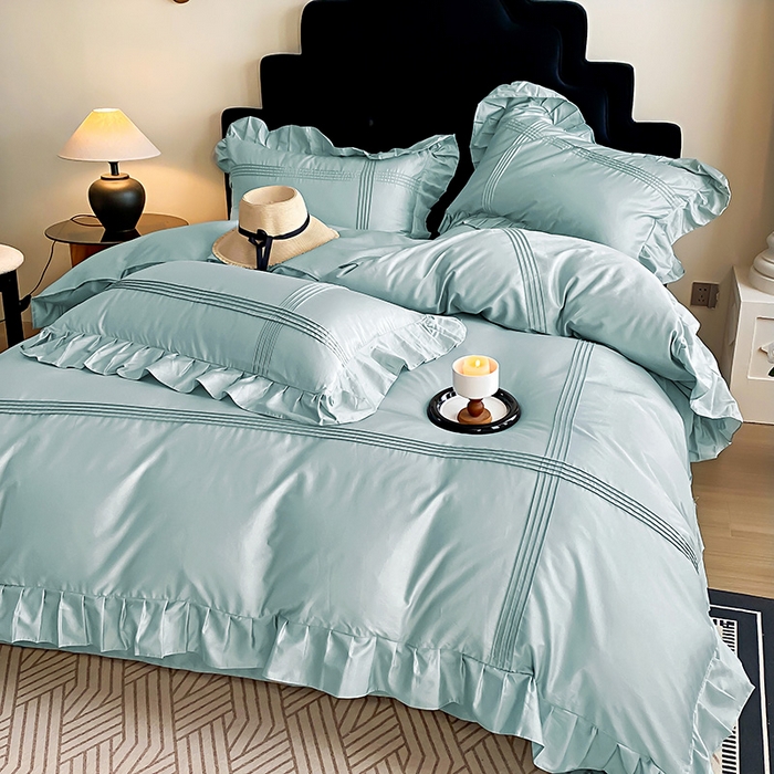 91家纺网 家纺一手货源 找家纺 花香四季家纺 2025新款全棉13376公主风纯棉法式手工立体线条四件套 清风