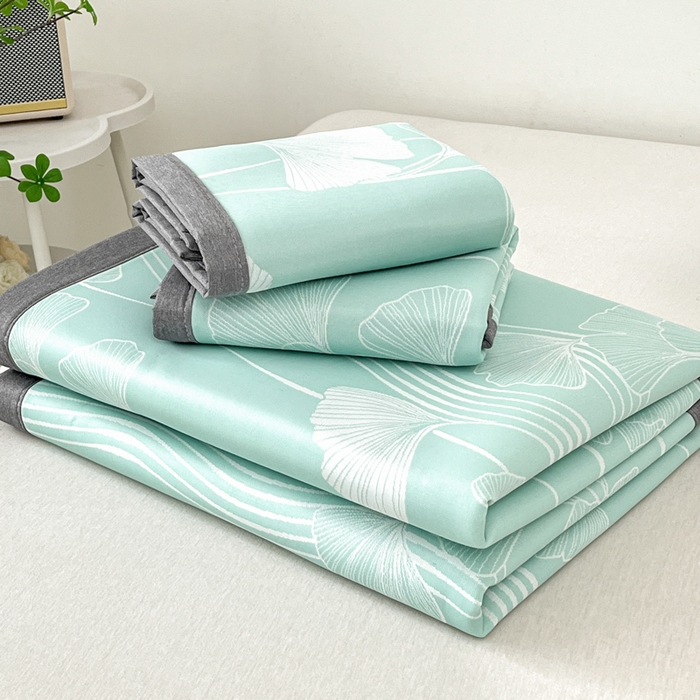 91家纺网 家纺一手货源 找家纺 子曰 2025新款高定版A类PE聚乙烯凉感凉席提花凉席床笠 银杏叶-绿【平铺款】