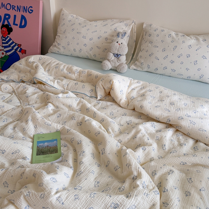 91家纺网 家纺一手货源 找家纺 萝莉家纺 2025新款软软糯糯双层皱皱纱单夏被 夏被四件套 小玉兔