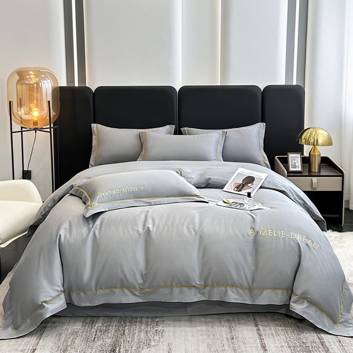 91家纺网 家纺一手货源 找家纺 宇彬家纺 2025新款直播热款13374全棉母婴级压线一字绣宽边枕套被套纯色滚边麻绳四件套贡缎新疆长绒 梦系列-绅士灰