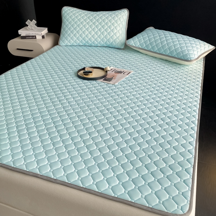 91家纺网 家纺一手货源 找家纺 欧邦 2025新款加厚纯色凉席四件套--夏被四件套 方格-湖蓝