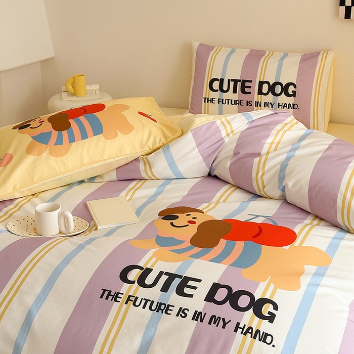 91家纺网 家纺一手货源 找家纺 2025新款全棉大版卡通数码印花纯棉四件套 可爱小狗（紫）