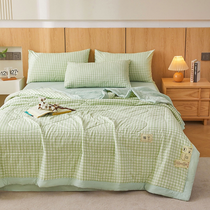 91家纺网 家纺一手货源 找家纺 创优家纺 2025新款无印风格子新疆棉夏被空调被纯棉花被夏被子薄被芯水洗棉包检测 绿小格