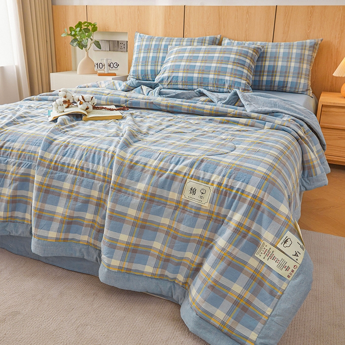 91家纺网 家纺一手货源 找家纺 创优家纺 2025新款无印风格子新疆棉夏被空调被纯棉花被夏被子薄被芯水洗棉包检测 简兮蓝