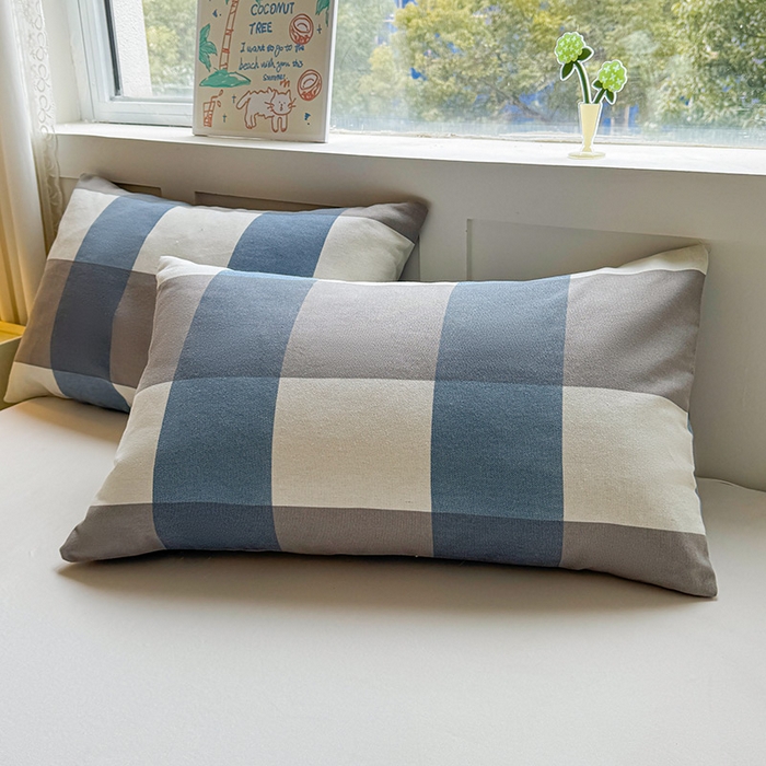 91家纺网 家纺一手货源 找家纺 晓时候 2025原棉老粗布床单凉席三件套软凉席子单床单 蓝咖格