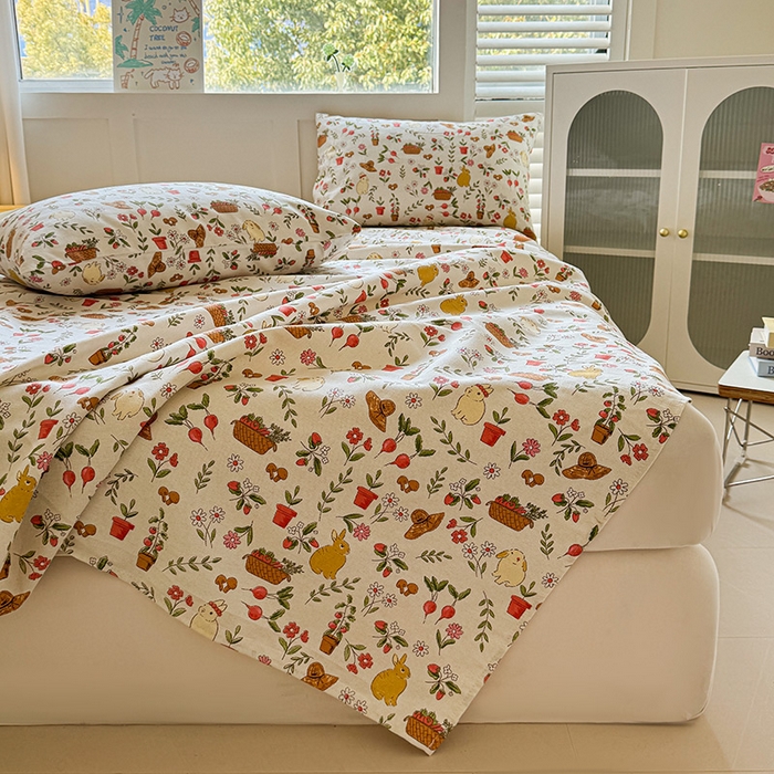 91家纺网 家纺一手货源 找家纺 晓时候 2025原棉老粗布床单凉席三件套软凉席子单床单 花丛兔