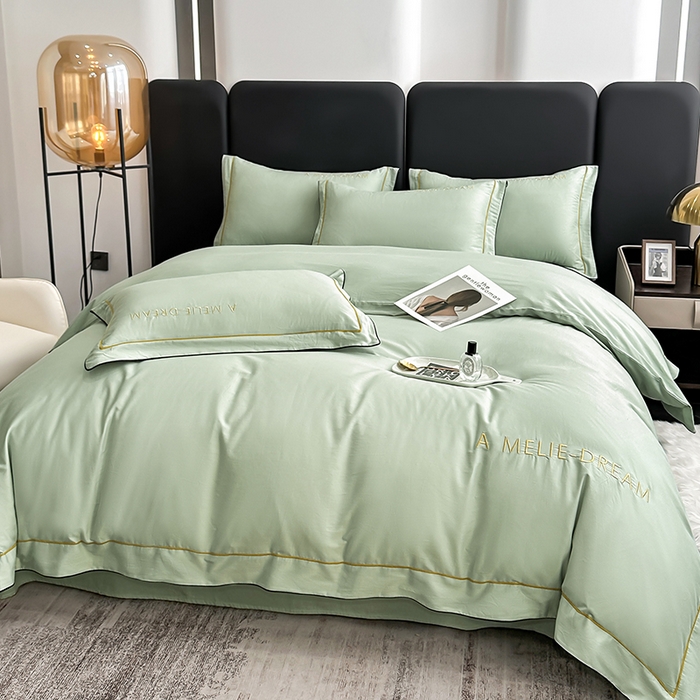 91家纺网 家纺一手货源 找家纺 宇彬家纺 2025新款直播热款13374全棉母婴级压线一字绣宽边枕套被套纯色滚边麻绳四件套贡缎新疆长绒 梦系列-炫彩绿