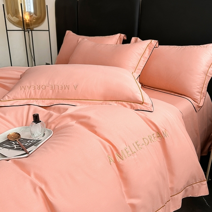 宇彬家纺 2025新款直播热款13374全棉母婴级压线一字绣宽边枕套被套纯色滚边麻绳四件套贡缎新疆长绒缎新疆长绒 梦系列-玉颜粉