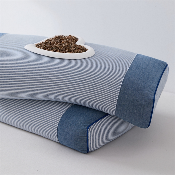 91家纺网 家纺一手货源 找家纺 大熊枕芯 2025新款水洗棉条纹荞麦枕 条纹宫廷-蓝20*50*8cm/只