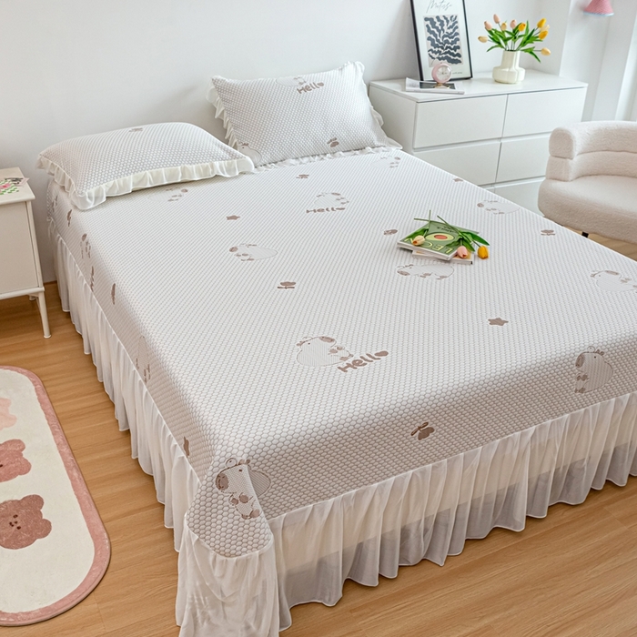 91家纺网 家纺一手货源 找家纺 春寻家纺 2025新款凉豆豆冰丝凉席席子-床裙款 卡皮巴拉-咖