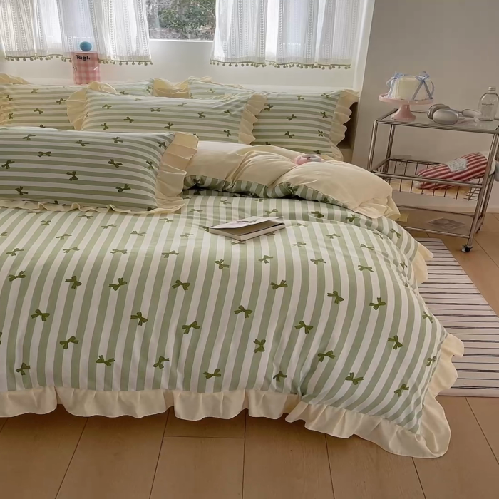 91家纺网 家纺一手货源 找家纺 2025水洗棉花边四件套_9067 蝴蝶结-条纹绿