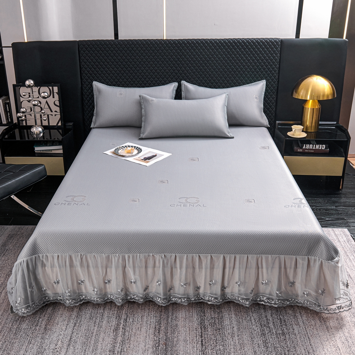 91家纺网 家纺一手货源 找家纺 青雅席业 2025年新款凉感因子母婴级凉感丝豆豆席床裙款 床裙香奈儿-灰