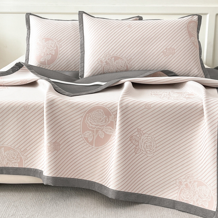 91家纺网 家纺一手货源 找家纺 子曰 2025新款高定版A类PE聚乙烯凉感凉席提花凉席床笠 玫瑰-粉【平铺款】