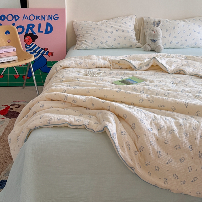 91家纺网 家纺一手货源 找家纺 萝莉家纺 2025新款软软糯糯双层皱皱纱单夏被 夏被四件套 小玉兔