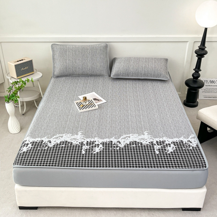 91家纺网 家纺一手货源 找家纺 子曰 2025新款高定版A类PE聚乙烯凉感凉席提花凉席床笠 千鸟格-灰