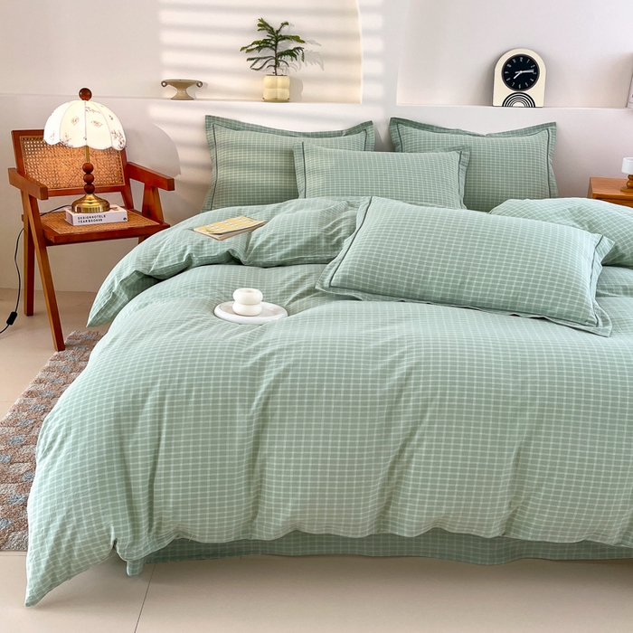 91家纺网 家纺一手货源 找家纺 金窝窝家纺 2025新款纯棉水洗棉四件套 春意盎然淡绿色