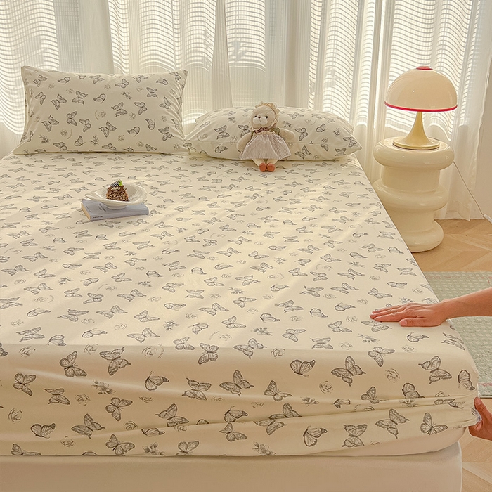 91家纺网 家纺一手货源 找家纺 眠帛家居 2025新款A类水洗皱皱纱印花床笠 蝴蝶偏偏