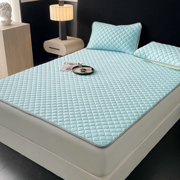 91家纺网 家纺一手货源 找家纺 欧邦 2025新款加厚纯色凉席四件套--凉席三件套 方格-湖蓝