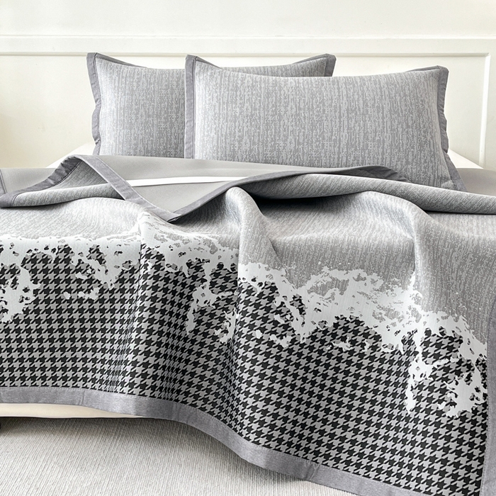 91家纺网 家纺一手货源 找家纺 子曰 2025新款高定版A类PE聚乙烯凉感凉席提花凉席床笠 千鸟格-灰【平铺款】