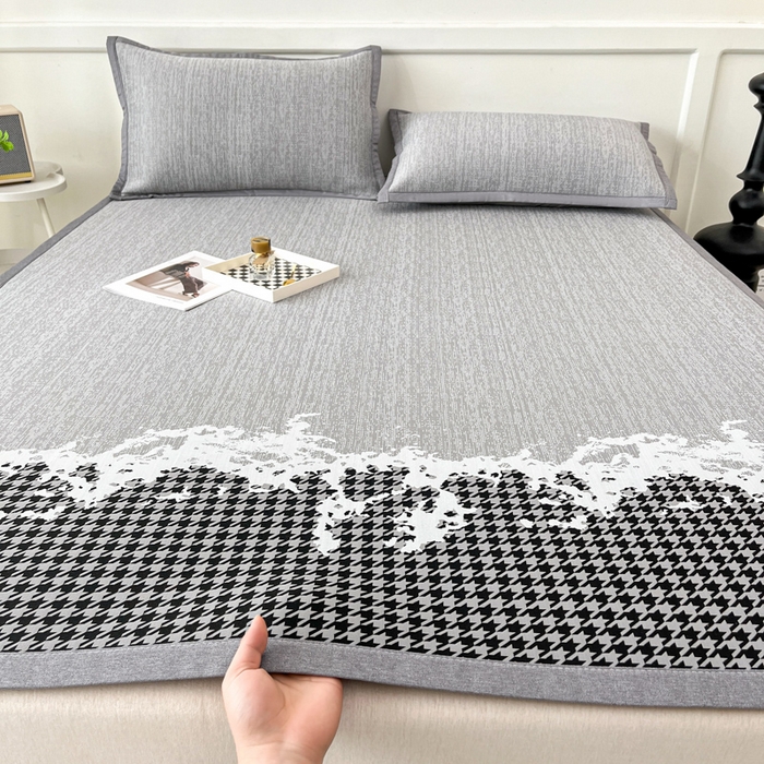 91家纺网 家纺一手货源 找家纺 子曰 2025新款高定版A类PE聚乙烯凉感凉席提花凉席床笠 千鸟格-灰【平铺款】