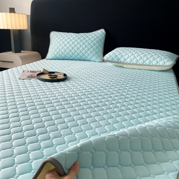 91家纺网 家纺一手货源 找家纺 欧邦 2025新款加厚纯色凉席四件套--凉席三件套 方格-湖蓝