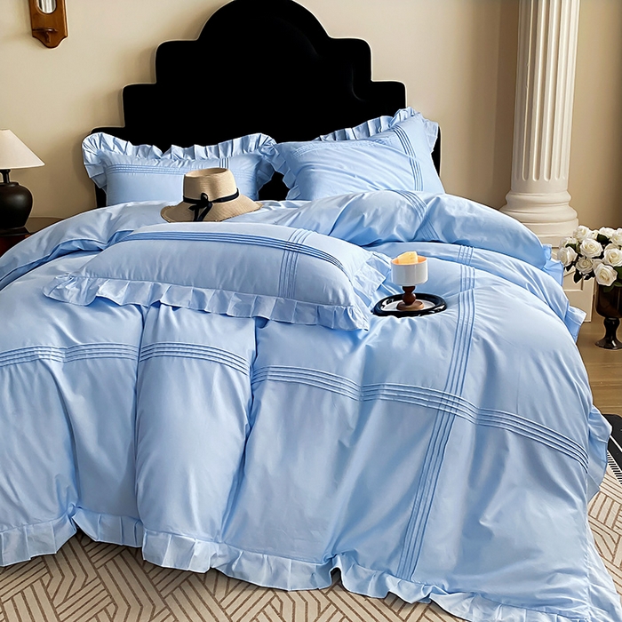 91家纺网 家纺一手货源 找家纺 花香四季家纺 2025新款全棉13376公主风纯棉法式手工立体线条四件套 蔚蓝