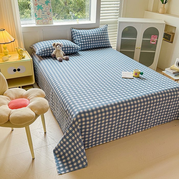 91家纺网 家纺一手货源 找家纺 晓时候 2025原棉老粗布床单凉席三件套软凉席子单床单 蓝小格