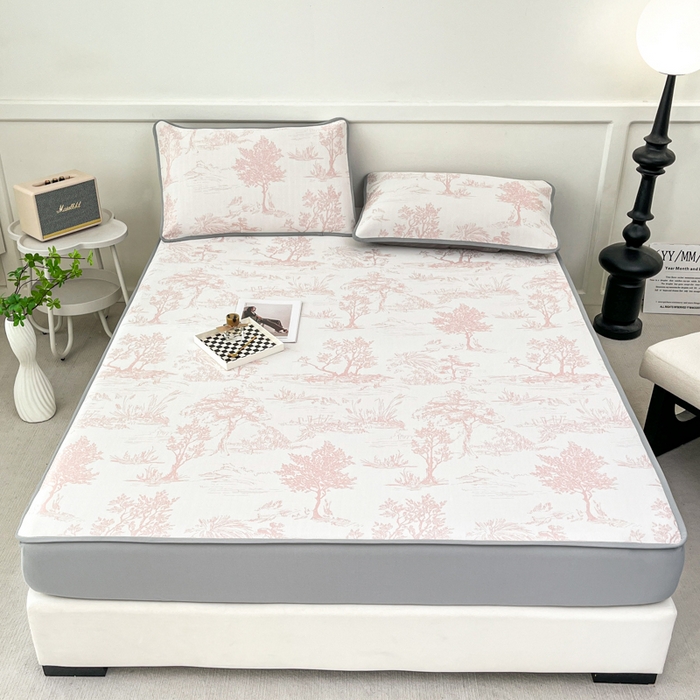 91家纺网 家纺一手货源 找家纺 子曰 2025新款高定版A类PE聚乙烯凉感凉席提花凉席床笠 秘境-粉【床笠款】