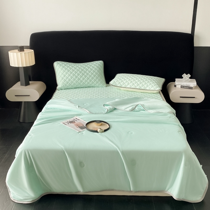 91家纺网 家纺一手货源 找家纺 欧邦 2025新款加厚纯色凉席四件套--凉席三件套 方格-水绿