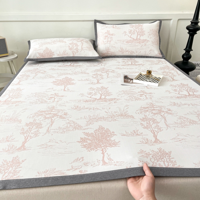 91家纺网 家纺一手货源 找家纺 子曰 2025新款高定版A类PE聚乙烯凉感凉席提花凉席床笠 秘境-粉【平铺款】