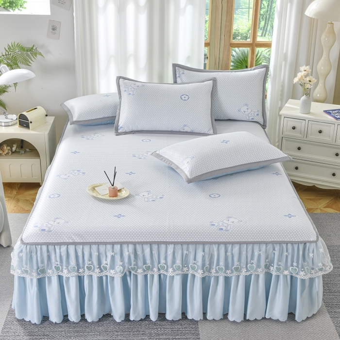 91家纺网 家纺一手货源 找家纺 品乐家纺  2025新款床裙款提花冰豆豆套件凉席席子 蓝色