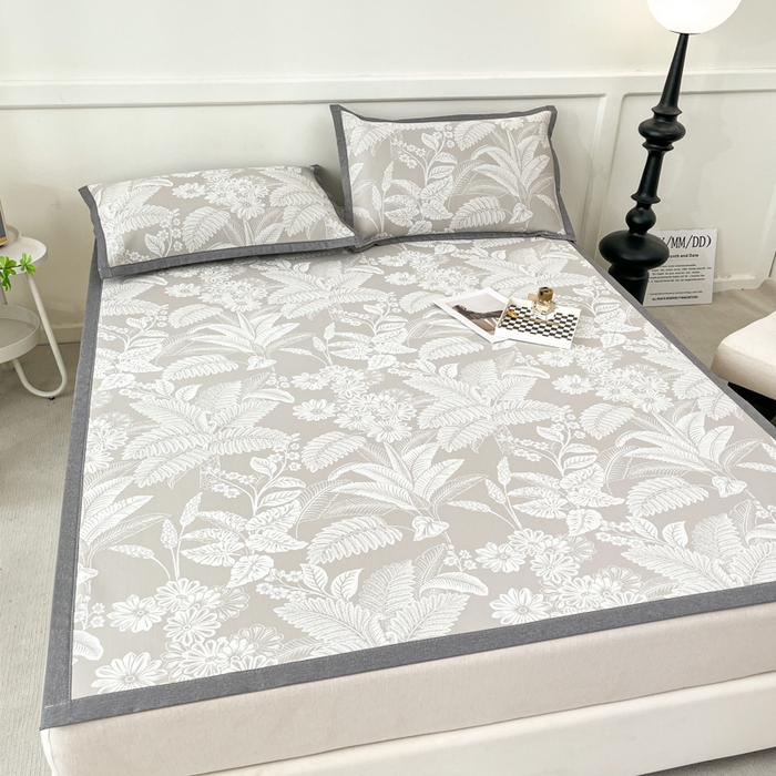 91家纺网 家纺一手货源 找家纺 子曰 2025新款高定版A类PE聚乙烯凉感凉席提花凉席床笠 叶之恋-咖【平铺款】