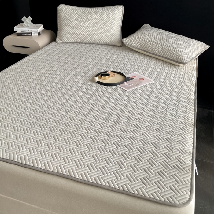 91家纺网 家纺一手货源 找家纺 欧邦 2025新款加厚纯色凉席四件套--凉席三件套 饼干花-浅灰