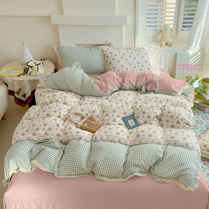 91家纺网 家纺一手货源 找家纺 竹合家纺 2025新款春日碎花法式镂空花边款式提花皱皱四件套 法式-花束蛋糕