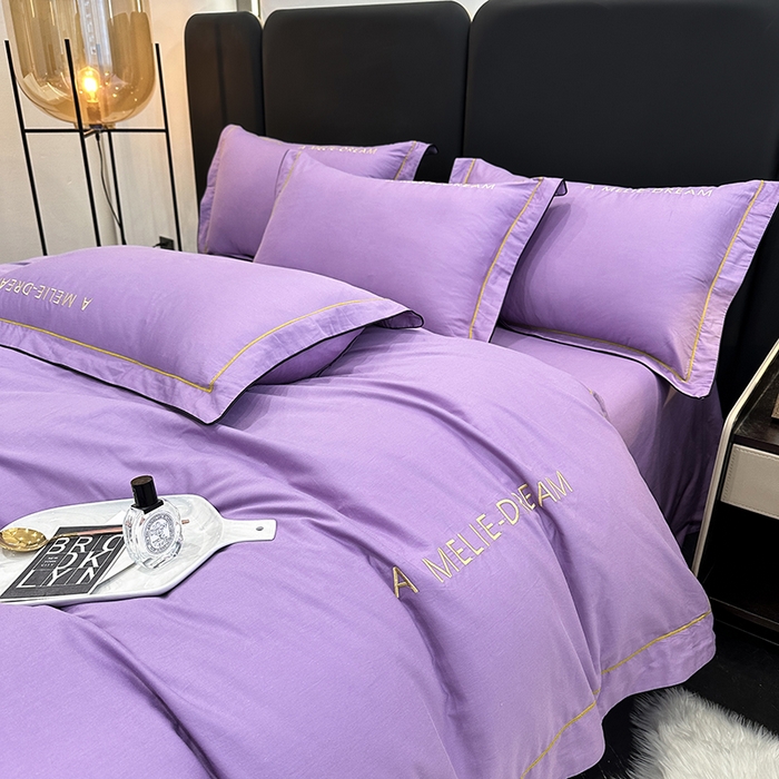 91家纺网 家纺一手货源 找家纺 宇彬家纺 2025新款直播热款13374全棉母婴级压线一字绣宽边枕套被套纯色滚边麻绳四件套贡缎新疆长绒 梦系列-曲雅紫