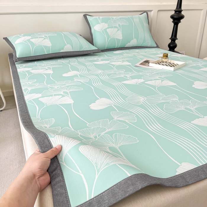 91家纺网 家纺一手货源 找家纺 子曰 2025新款高定版A类PE聚乙烯凉感凉席提花凉席床笠 银杏叶-绿【平铺款】