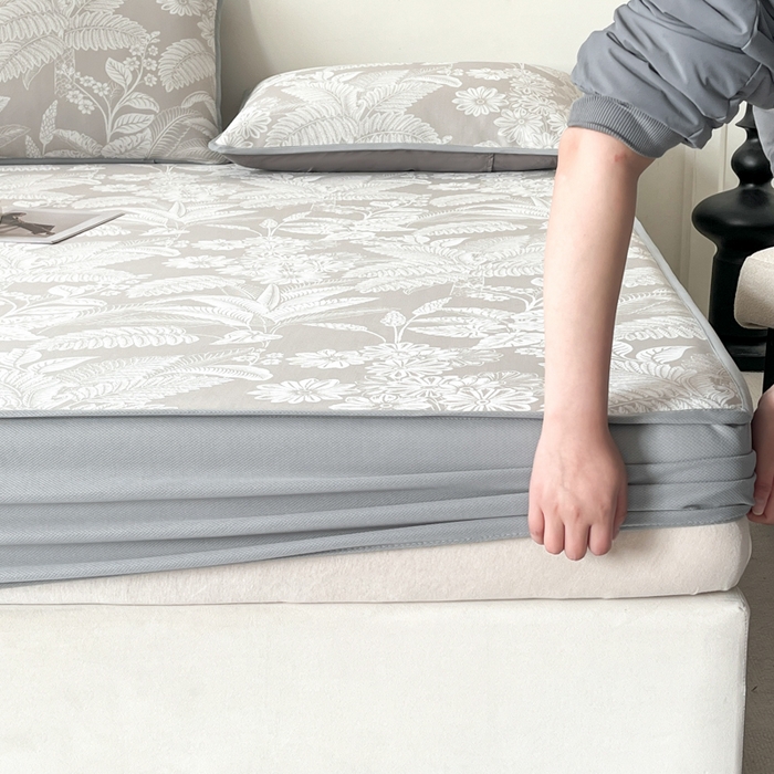 91家纺网 家纺一手货源 找家纺 子曰 2025新款高定版A类PE聚乙烯凉感凉席提花凉席床笠 叶之恋-咖【床笠款】